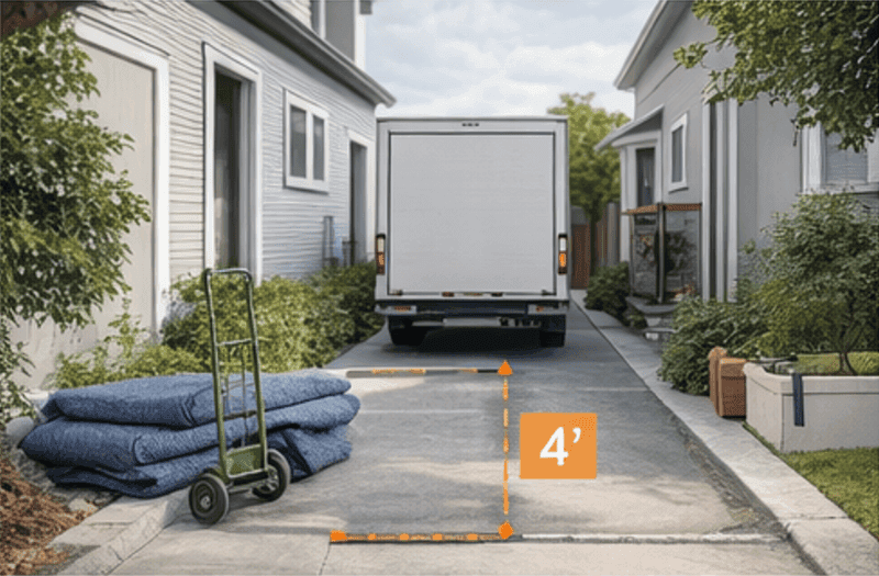 Top-down plan of a narrow driveway with a vehicle outline and dimension marks — illustrating the access audit that avoids shuttle-fee surprises.