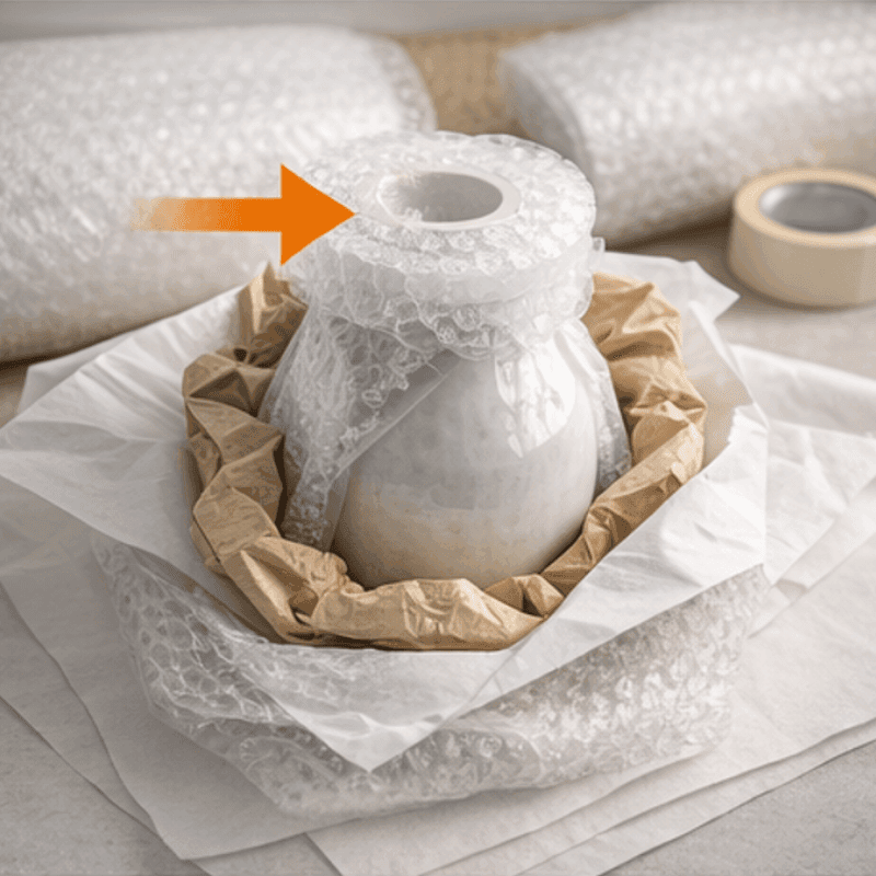 Blueprint-style diagram of a fragile item wrapped in layered protection, with annotations marking the critical wrap zone.