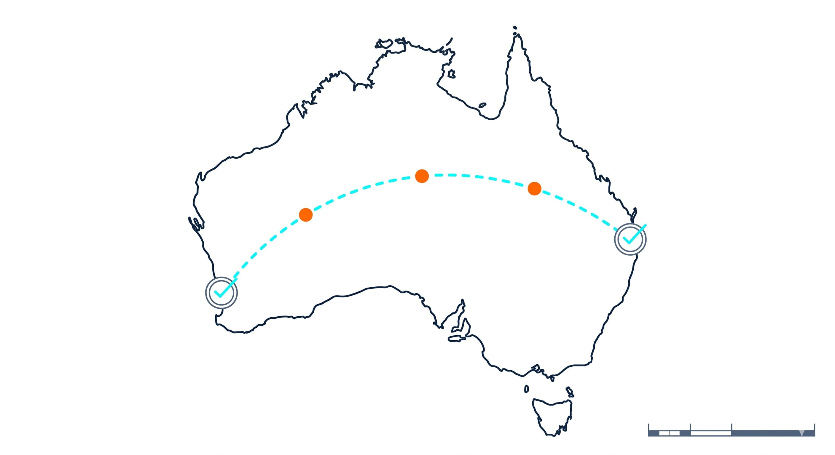 Stylised line-art map of Australia with a dashed cyan route from the east coast to the west coast, marked with small architectural stamps at each endpoint — representing interstate move planning.